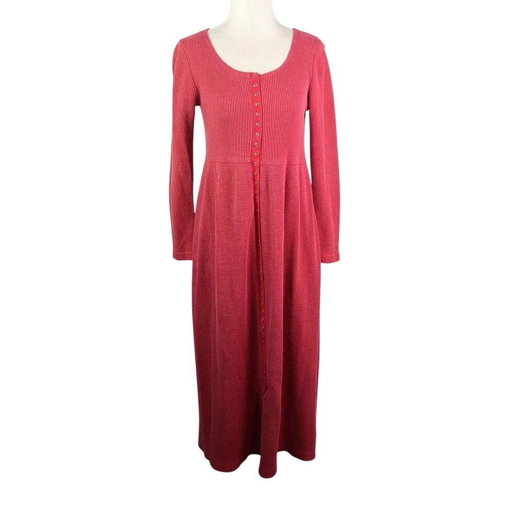 Vintage 90s Moda International Red Thermal Snap Front Midi Dress S
